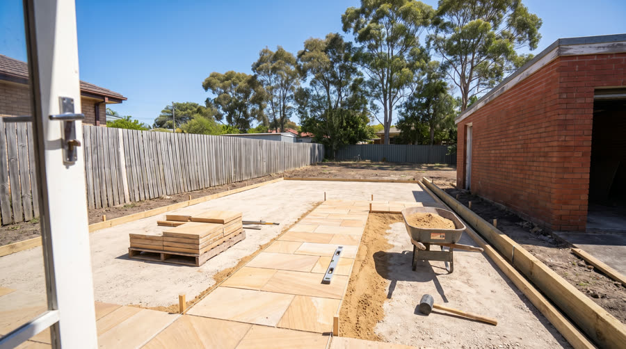 Sandstone pavers being laid on a screeded sand bed