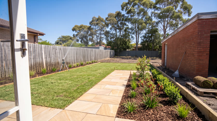 Freshly laid rolled turf in a backyard