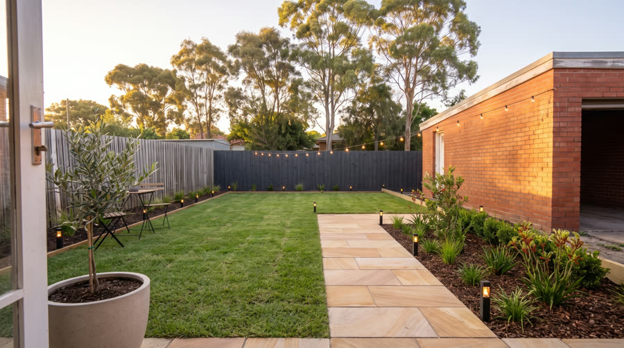A finished Northern Beaches backyard with turf, pavers and garden beds at golden hour